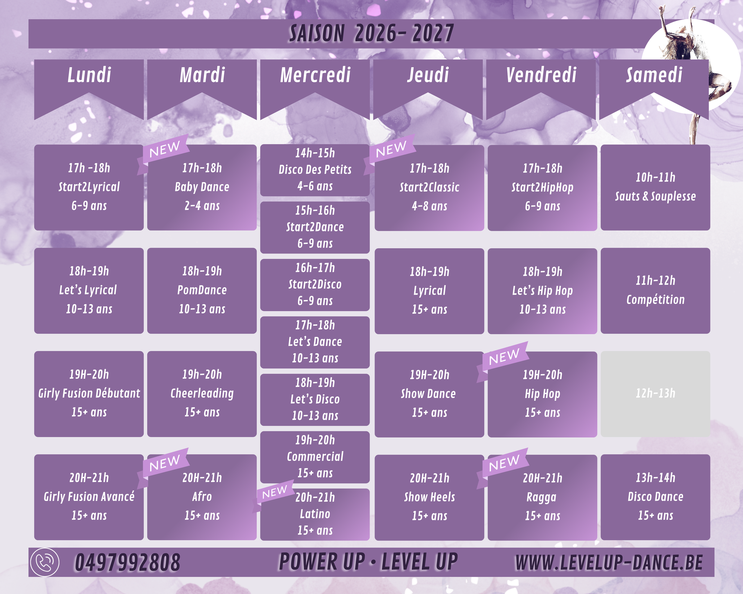 Horaire des cours Level Up — saison 2026-2027 : planning complet par jour, âge et style de danse