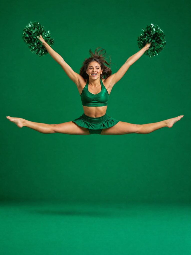 Cheerleadeuse en saut toe-touch, pompons levés, tenue et fond vert émeraude