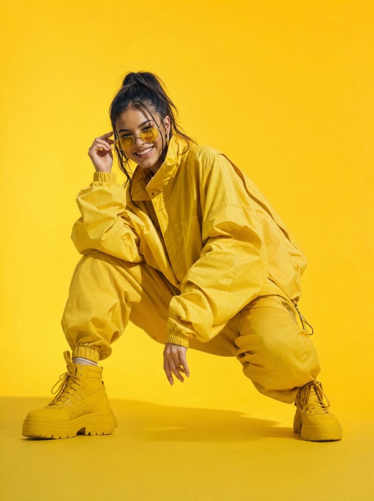 Danseuse commercial hip-hop accroupie, lunettes et streetwear jaune sur fond jaune