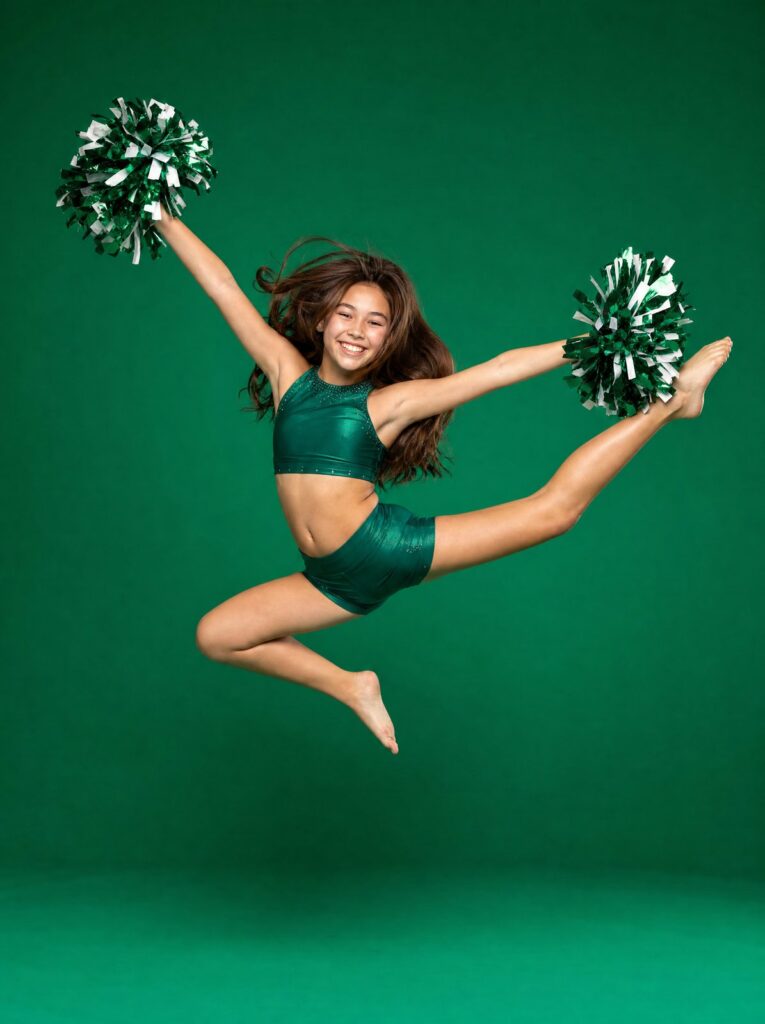Jeune danseuse PomDance en plein saut, pompons émeraude et blancs sur fond vert émeraude